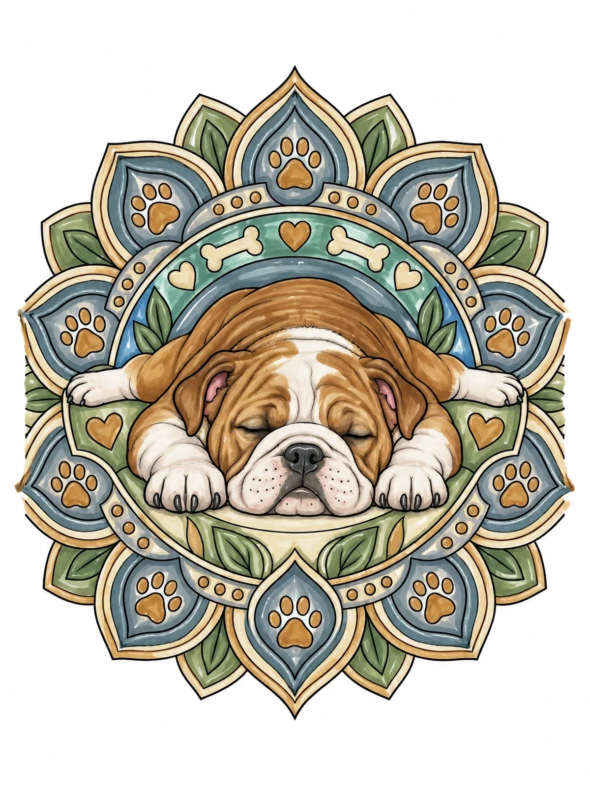 Colored example of the Sleeping Bulldog Mandala coloring page