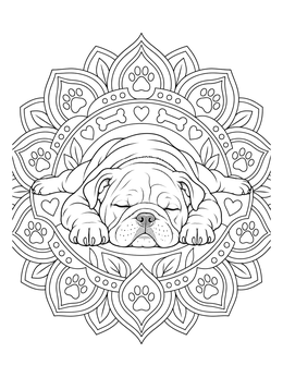 Sleeping puppy inside an intricate american bulldog coloring page mandala.