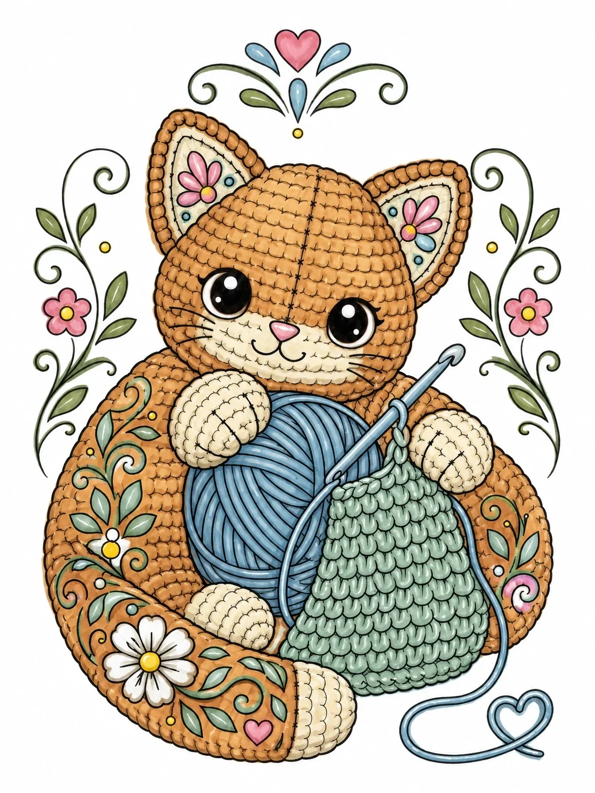 Colored example of the Amigurumi Cat With Yarn And Hook coloring page