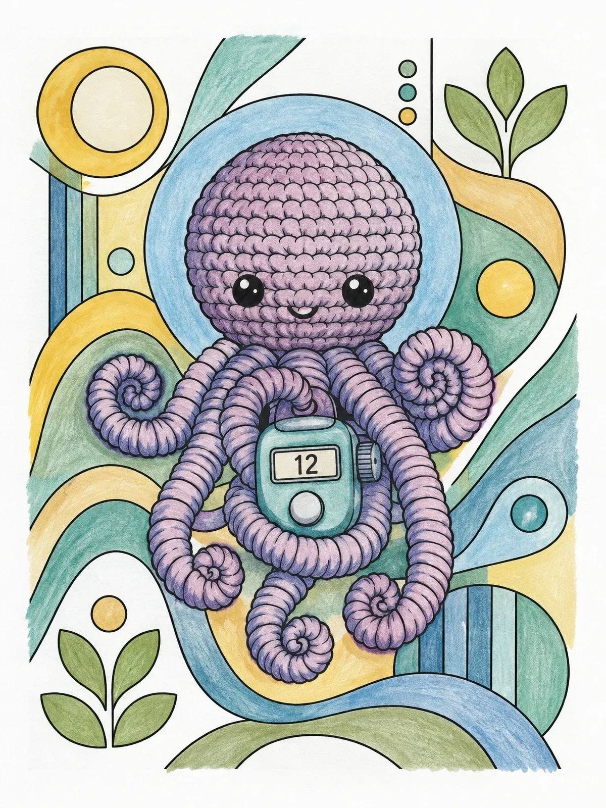 Colored example of the Amigurumi Octopus Holding Row Counter coloring page