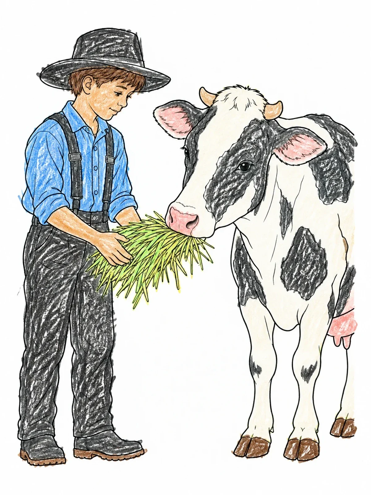 Colored example of the Amish Boy Feeding A Dairy Cow coloring page
