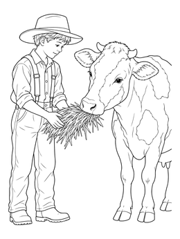 An amish coloring page showing a young farm boy in suspenders offering fresh hay to a friendly cow.