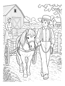 An amish coloring page with a young boy leading a gentle pony pulling a cart on a farm.
