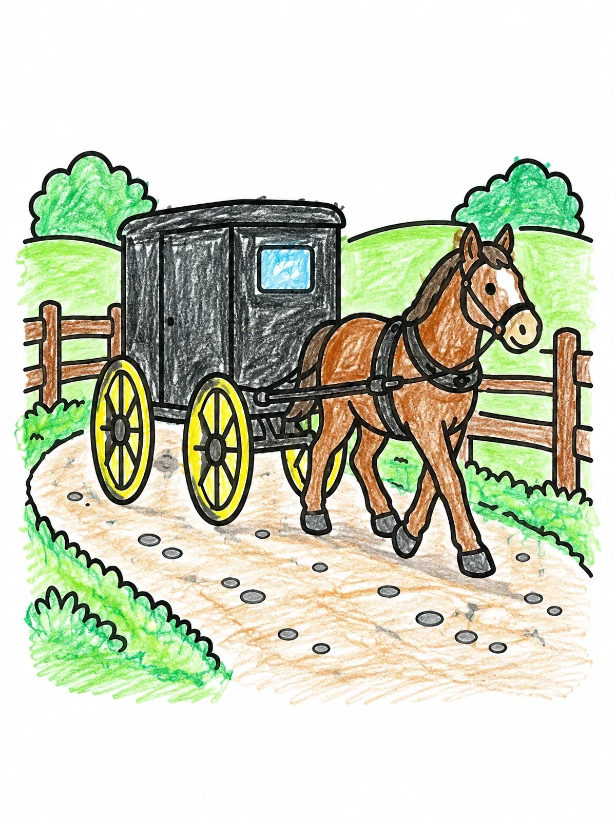 Colored example of the Horse Pulling An Amish Buggy coloring page