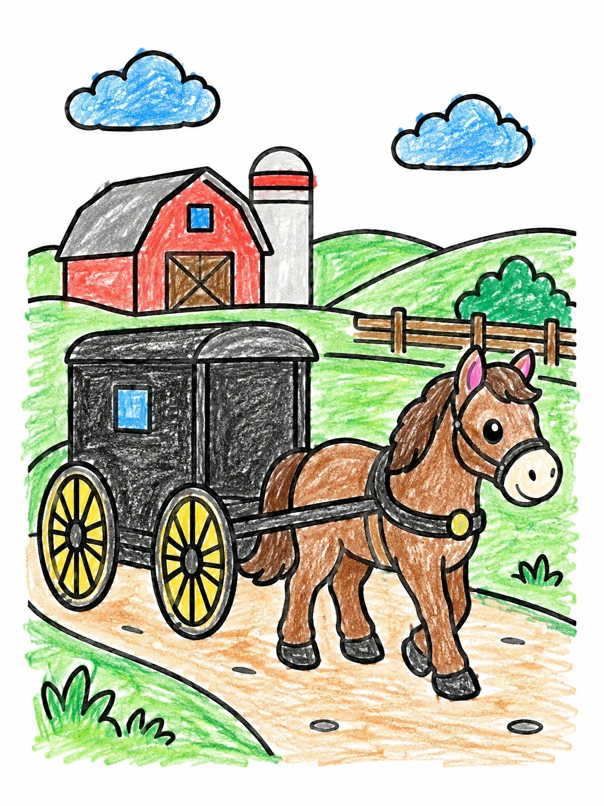 Colored example of the Cute Horse Pulling An Amish Buggy coloring page