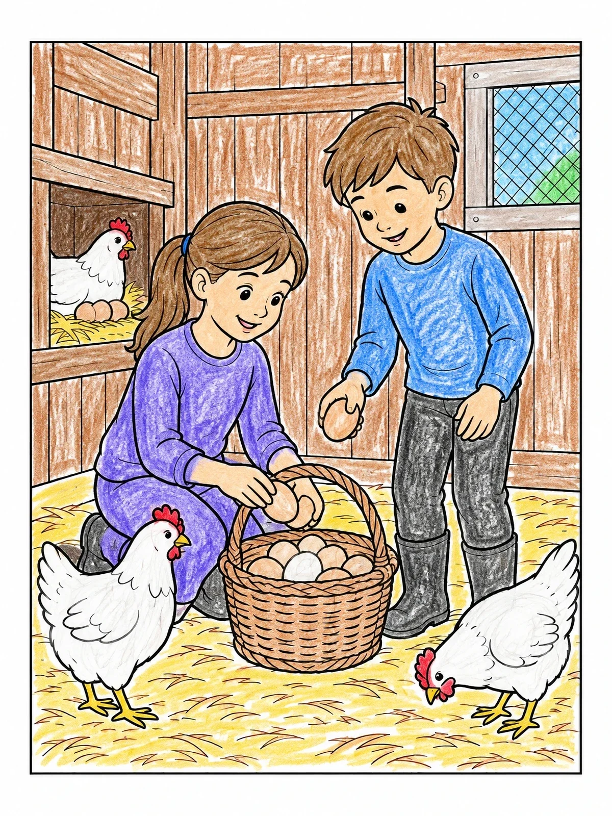 Colored example of the Children Collecting Eggs In Chicken Coop coloring page