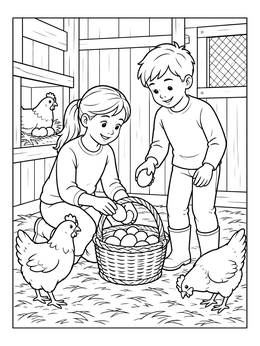 Two kids gather fresh eggs into a woven basket in this amish coloring page.