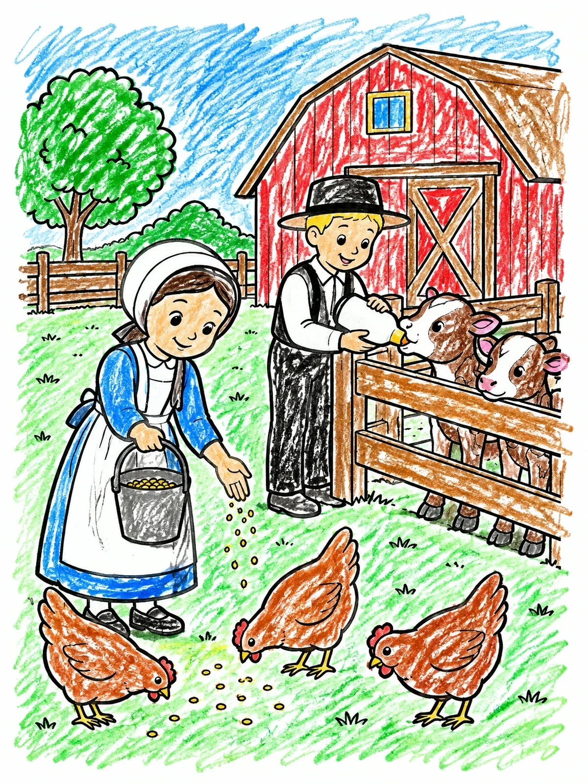 Colored example of the Amish Children Caring For Farm Animals coloring page