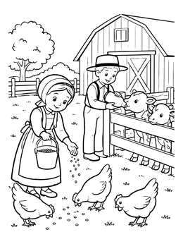Free printable Amish Children Caring For Farm Animals coloring page