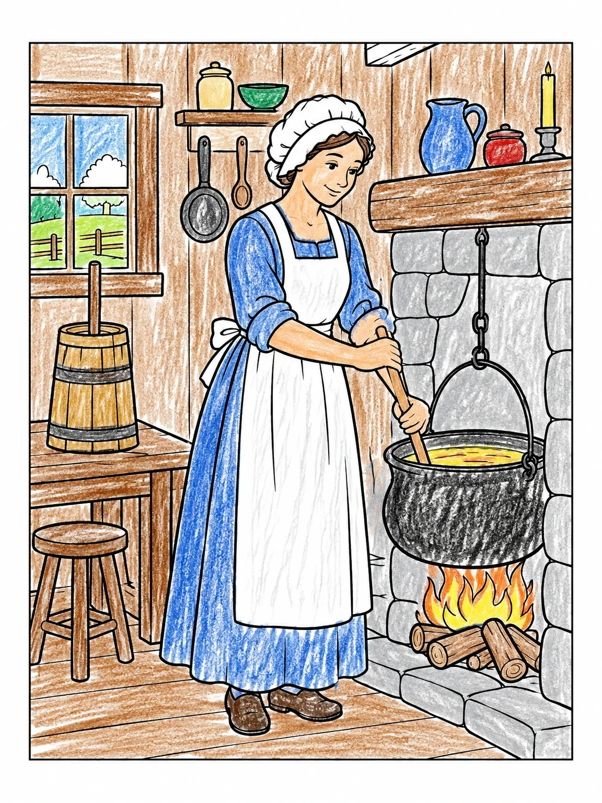 Colored example of the Cooking Over The Hearth In Farmhouse coloring page