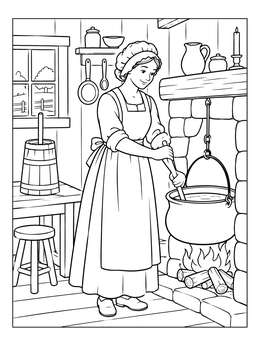Free printable Cooking Over The Hearth In Farmhouse coloring page
