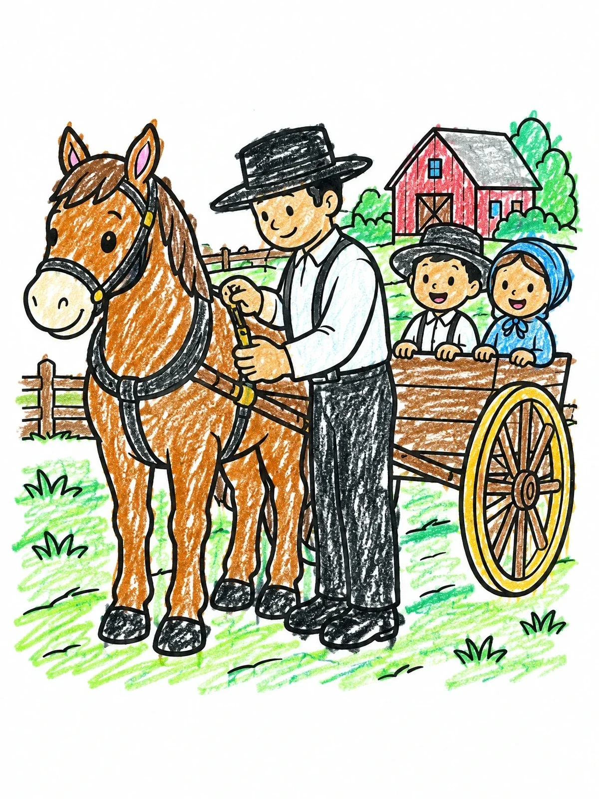 Colored example of the Amish Farmer Hitching Horse Cart coloring page