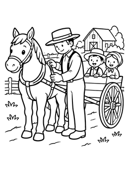 Free printable Amish Farmer Hitching Horse Cart coloring page