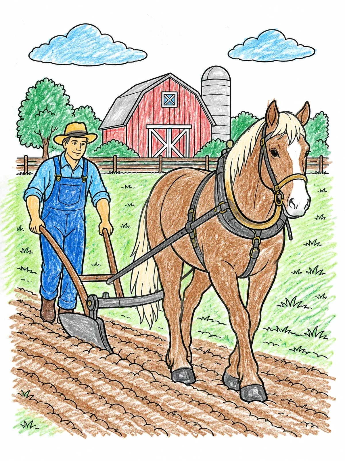 Colored example of the Farmer Plowing Field With Workhorse coloring page