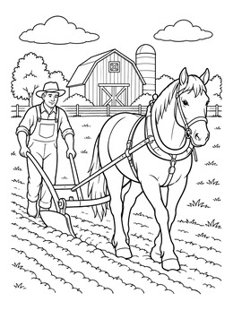 An amish coloring page with a farmer plowing a field using a draft horse near a barn.