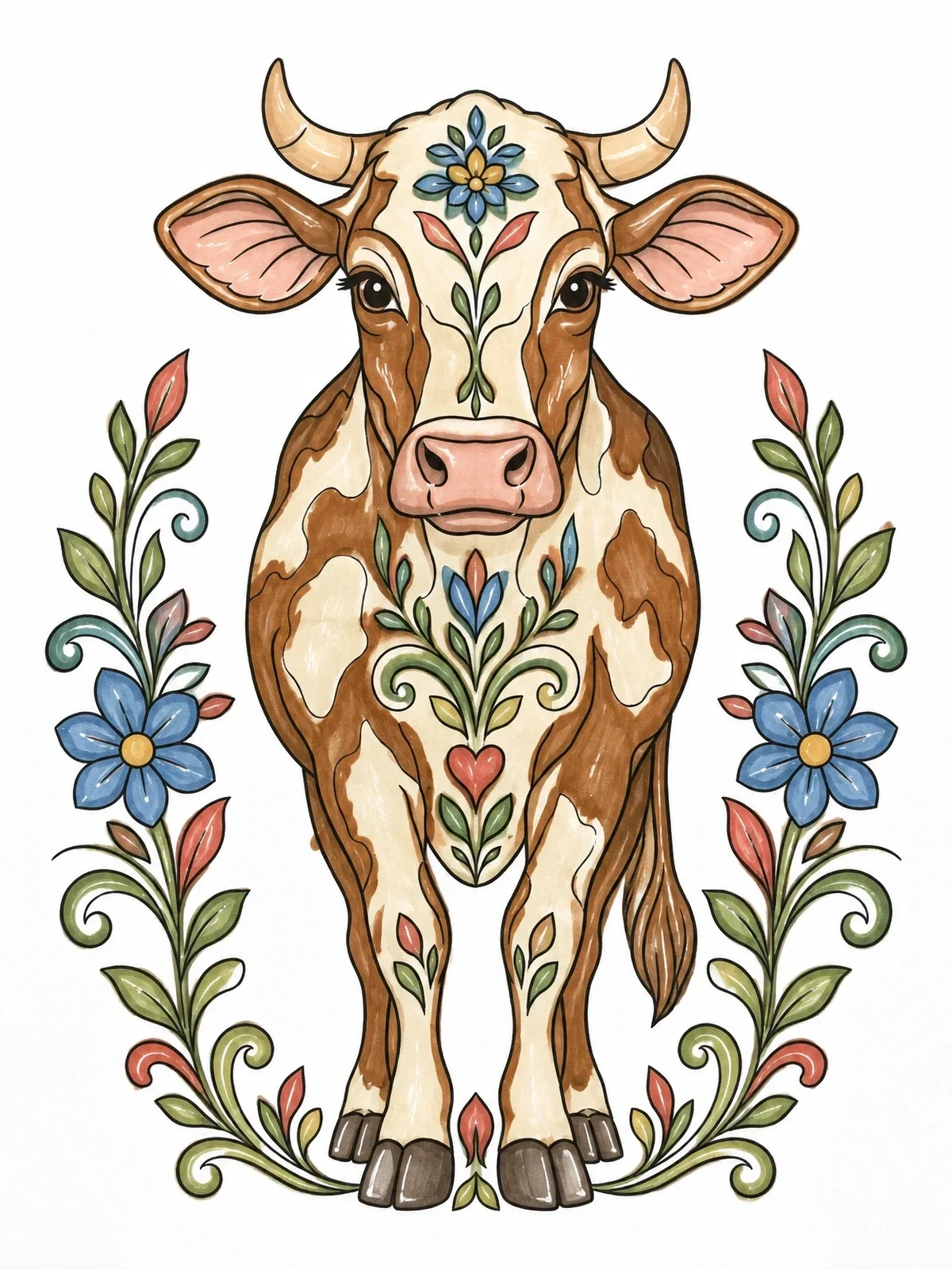 Colored example of the Folk Art Dairy Cow coloring page