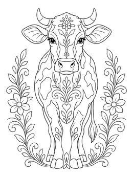 An ornate dairy cow stands framed by floral vines in this amish coloring page.