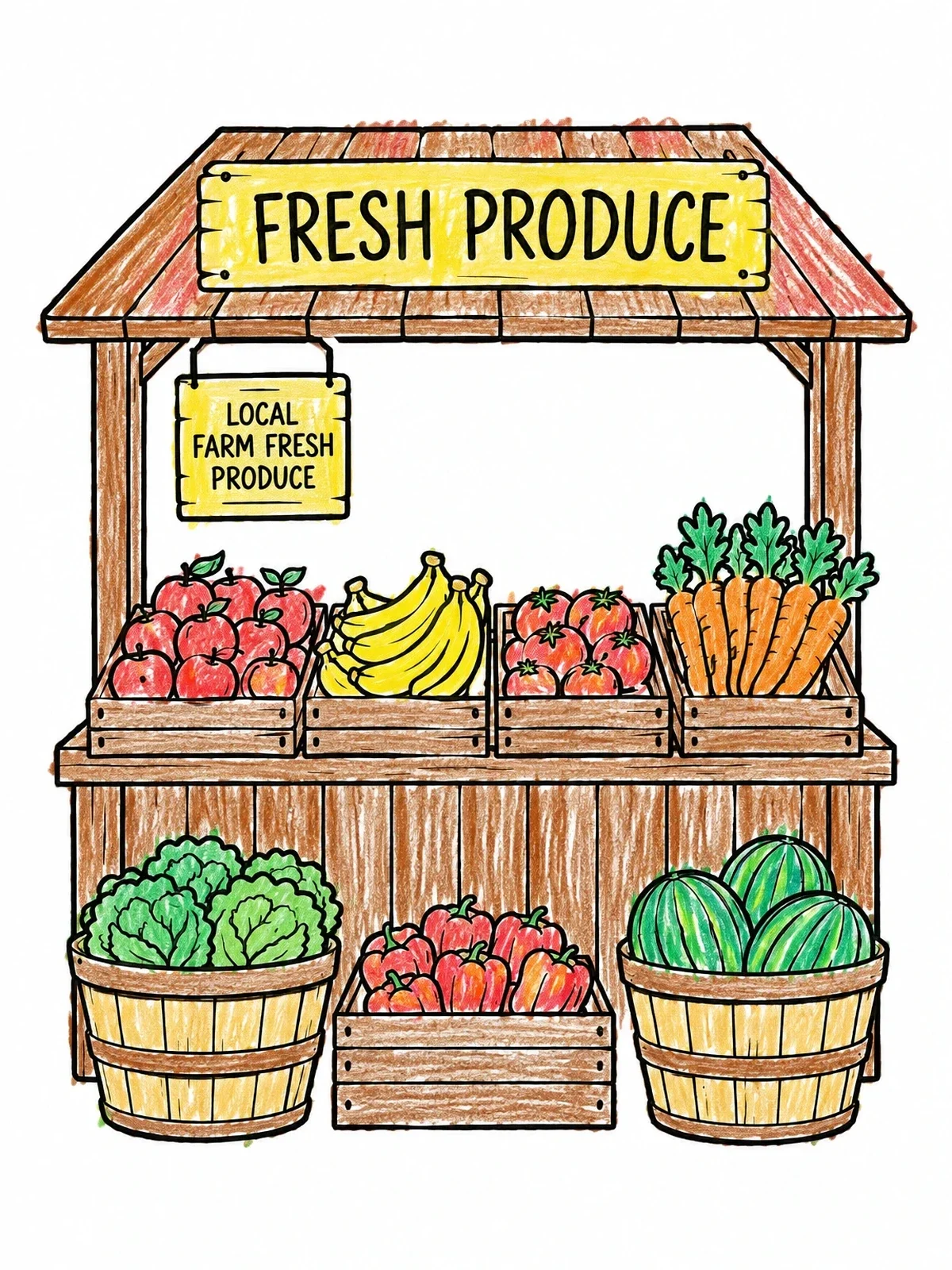 Colored example of the Fresh Produce Farm Stand coloring page