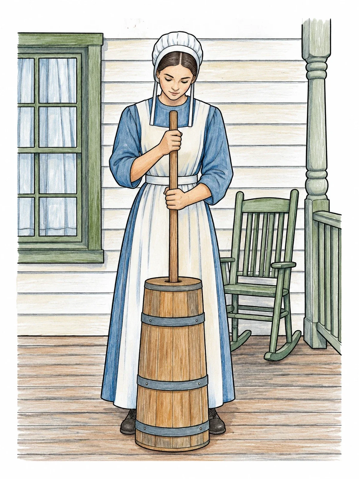 Colored example of the Amish Girl Churning Butter On The Porch coloring page