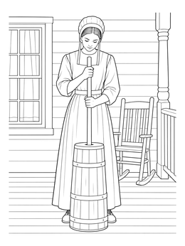 An Amish girl using a wooden butter churn on a porch in this Amish coloring page.
