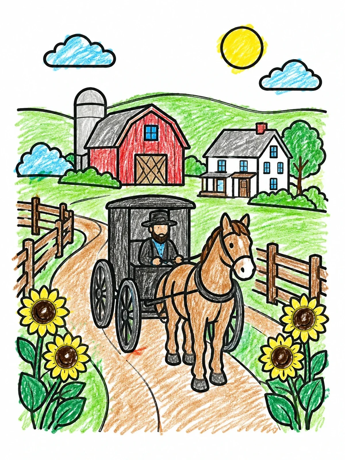 Colored example of the Amish Horse And Buggy Countryside coloring page