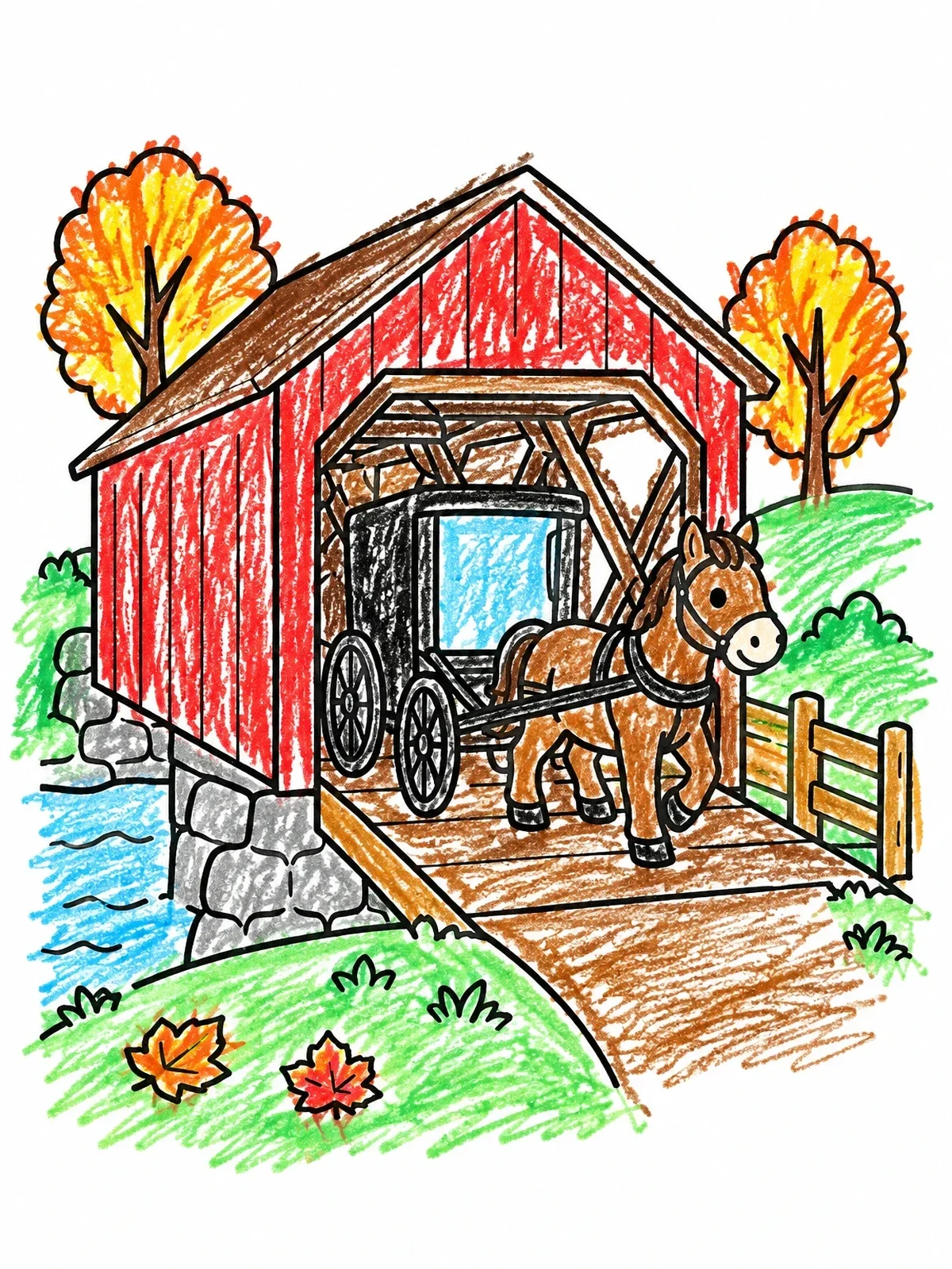 Colored example of the Buggy Crossing A Covered Bridge coloring page