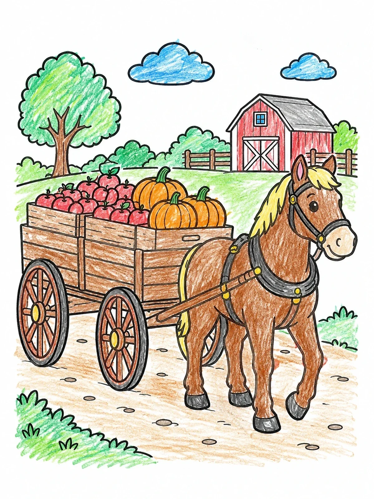 Colored example of the Horse Pulling Farm Harvest Wagon coloring page