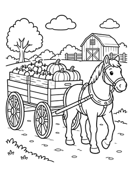 Free printable Horse Pulling Farm Harvest Wagon coloring page