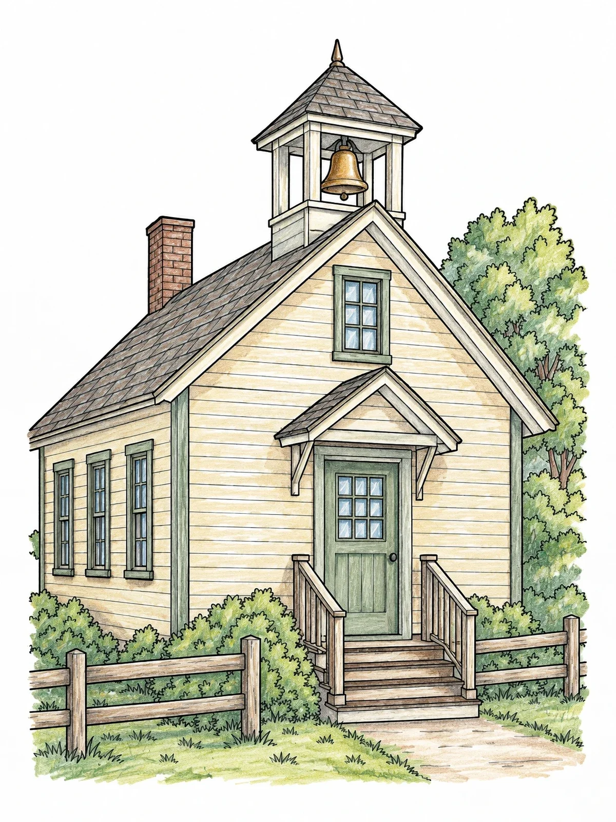 Colored example of the Historic Rural Schoolhouse With Bell coloring page