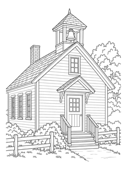An amish coloring page featuring a rural one-room schoolhouse with a bell tower.