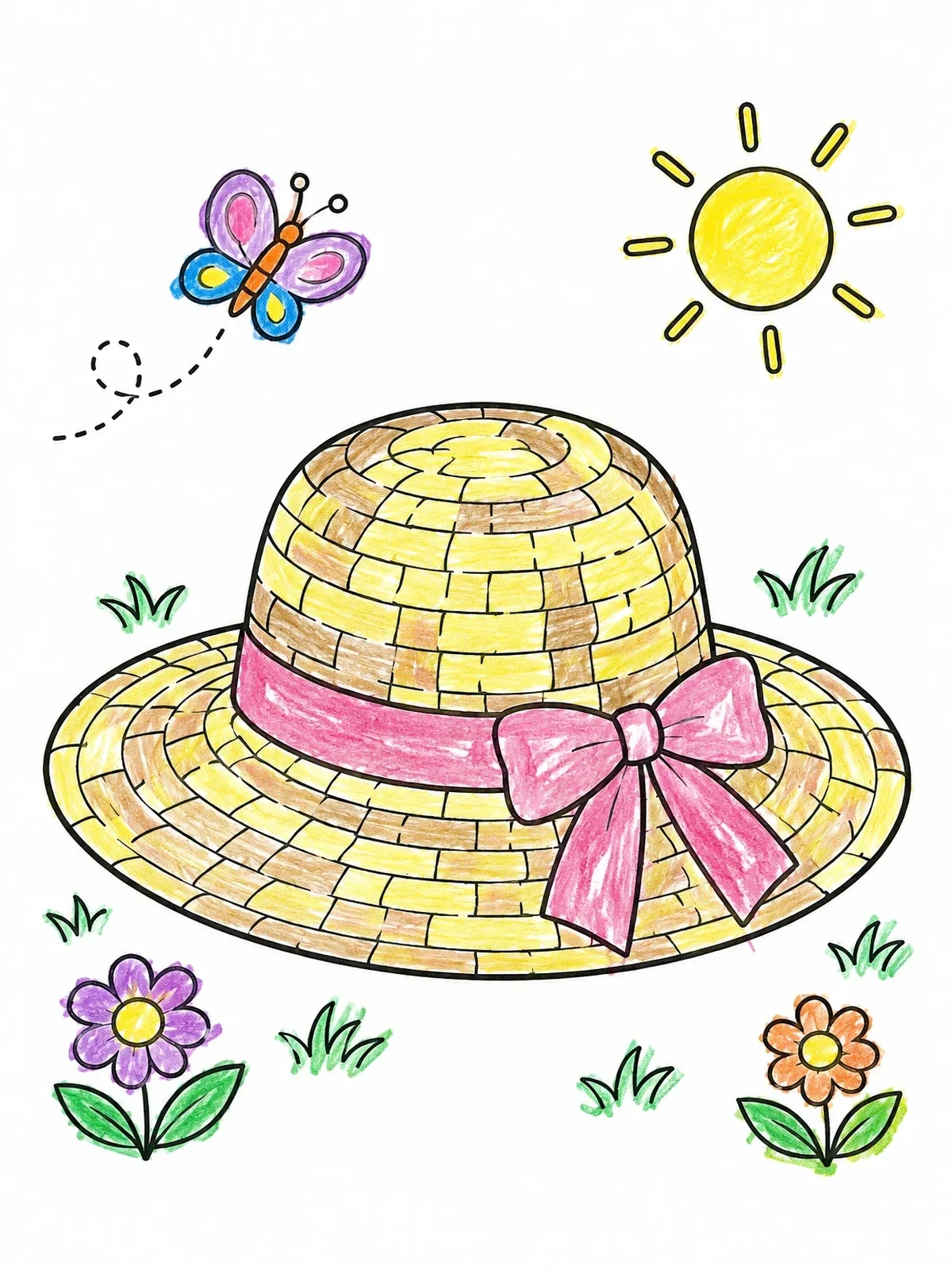 Colored example of the Straw Hat With Ribbon Bow coloring page