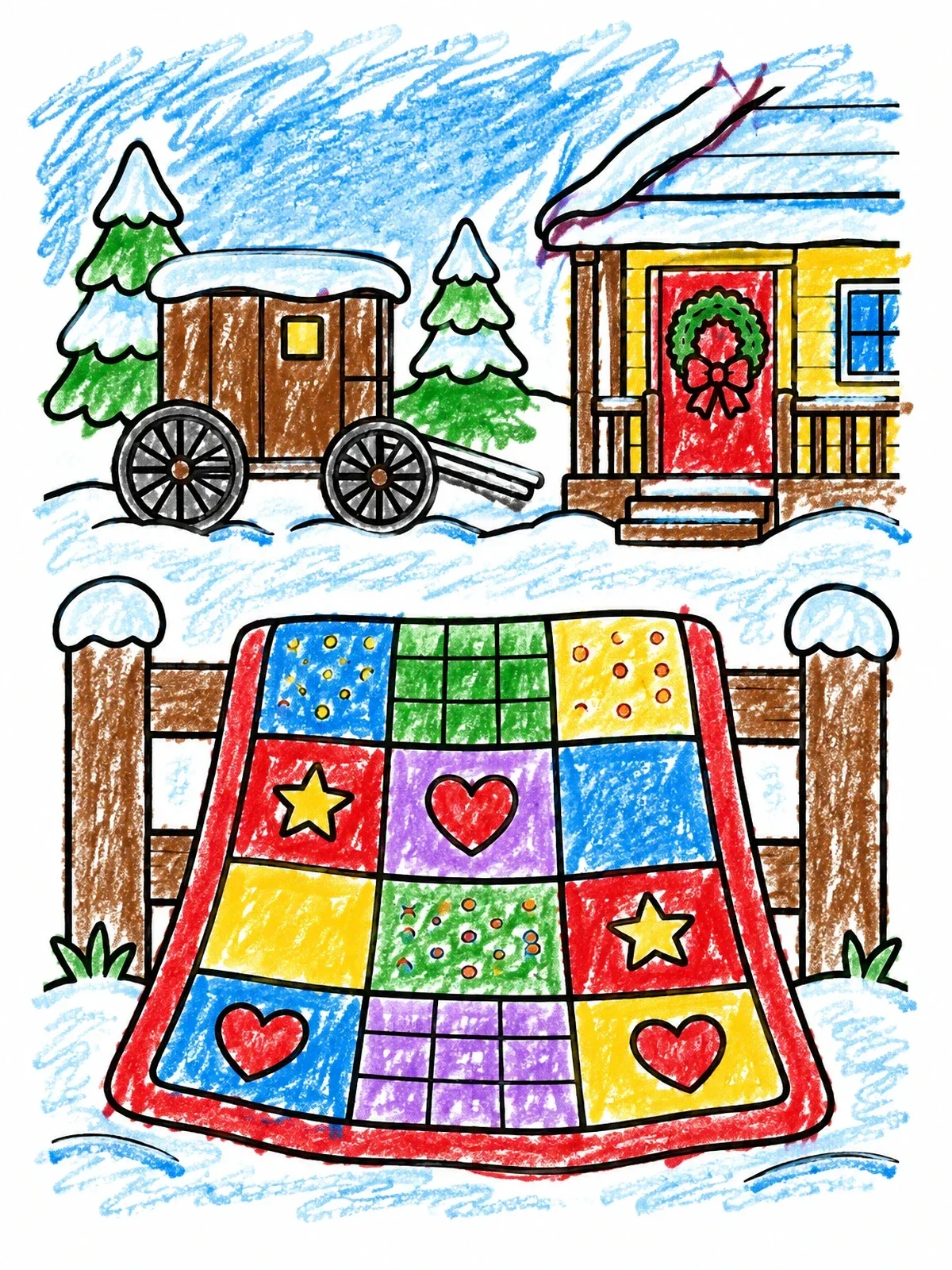Colored example of the Winter Quilt And Buggy Scene coloring page