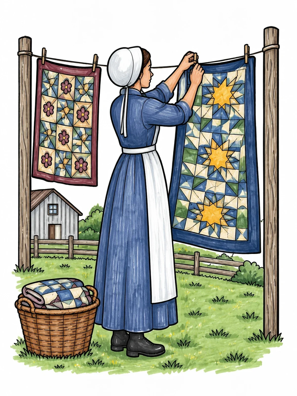 Colored example of the Amish Woman Hanging Patchwork Quilts coloring page