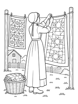An Amish woman hangs intricate patchwork quilts outdoors in this amish coloring page.