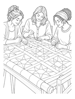 Three women stitch a star-patterned quilt on this amish coloring page.