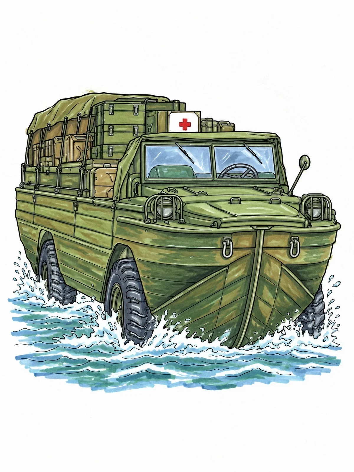 Colored example of the Amphibious Truck Coming Ashore coloring page