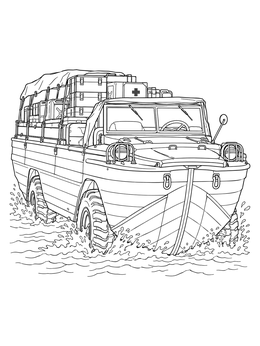 An amphibious truck loaded with supplies in this d day coloring page.