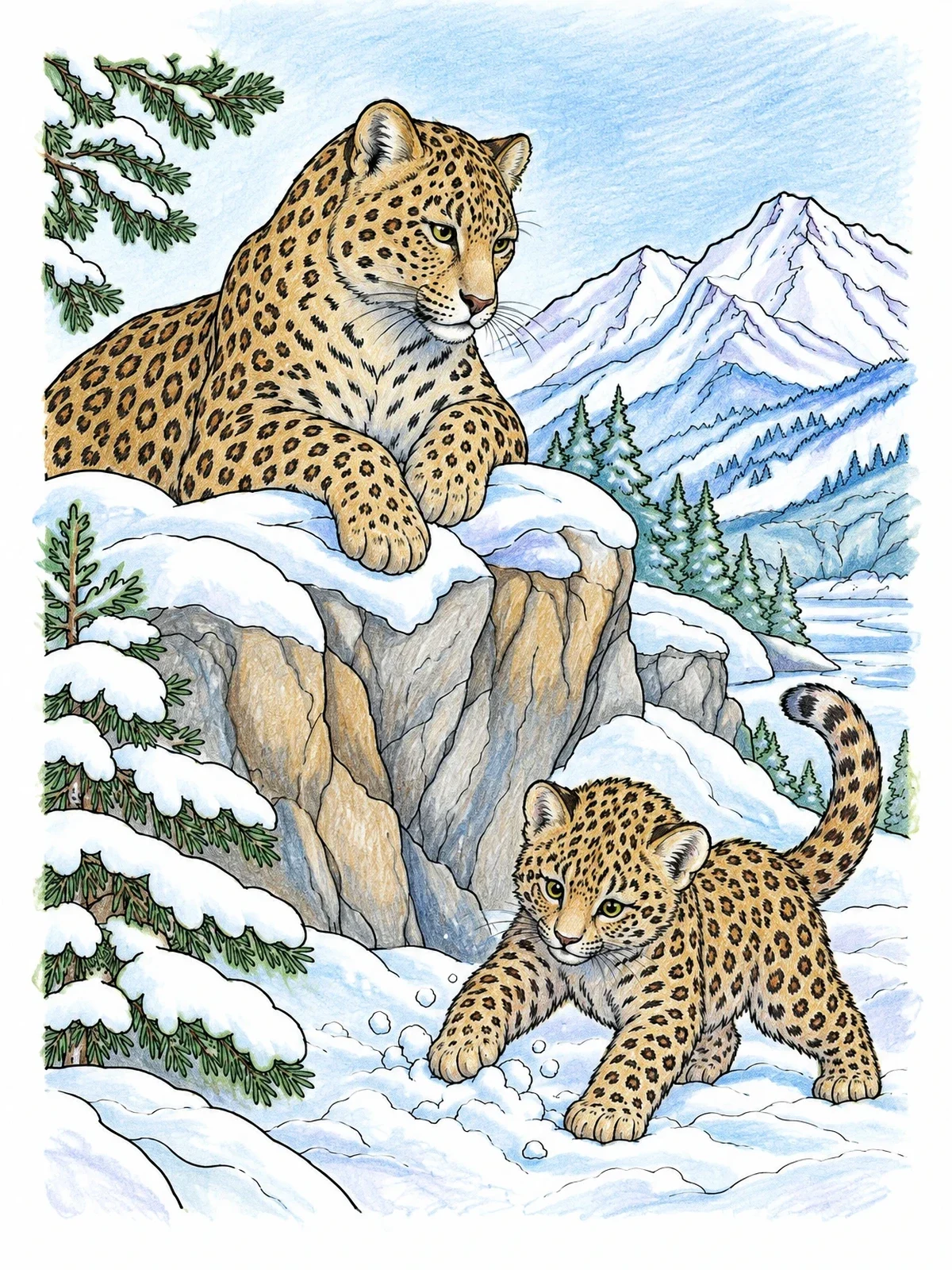 Colored example of the Amur Leopard Mother And Cub In Snow coloring page