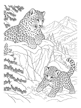 Free printable Amur Leopard Mother And Cub In Snow coloring page