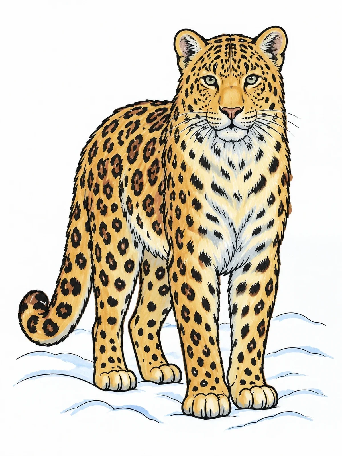 Colored example of the Amur Leopard Standing In Winter Snow coloring page