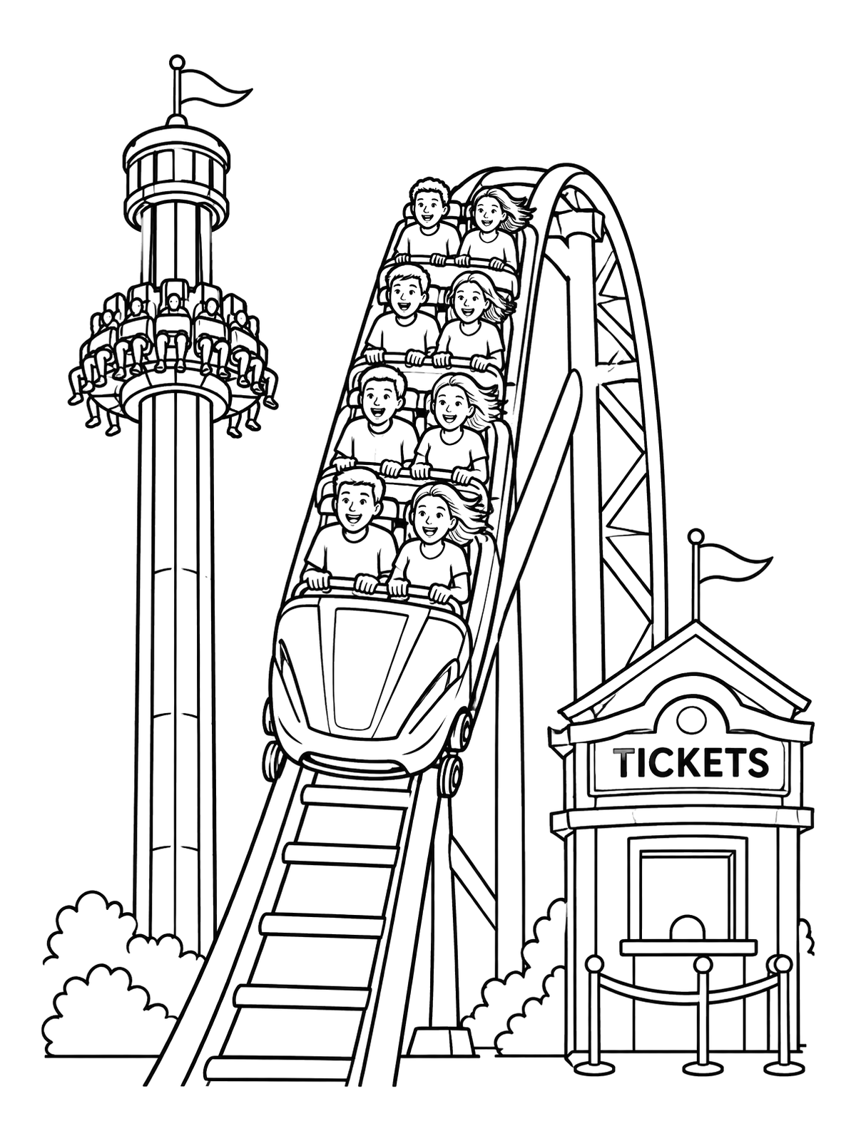 Amusement Park Roller Coaster Drop Coloring Page