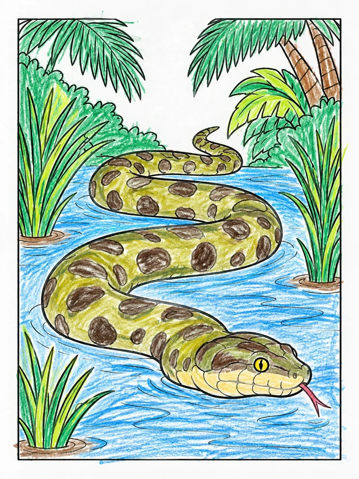 Colored example of the Anaconda Swimming In The River coloring page