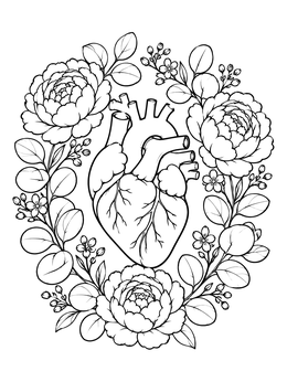 Detailed heart anatomy coloring page enclosed by blooming peonies and leaves.