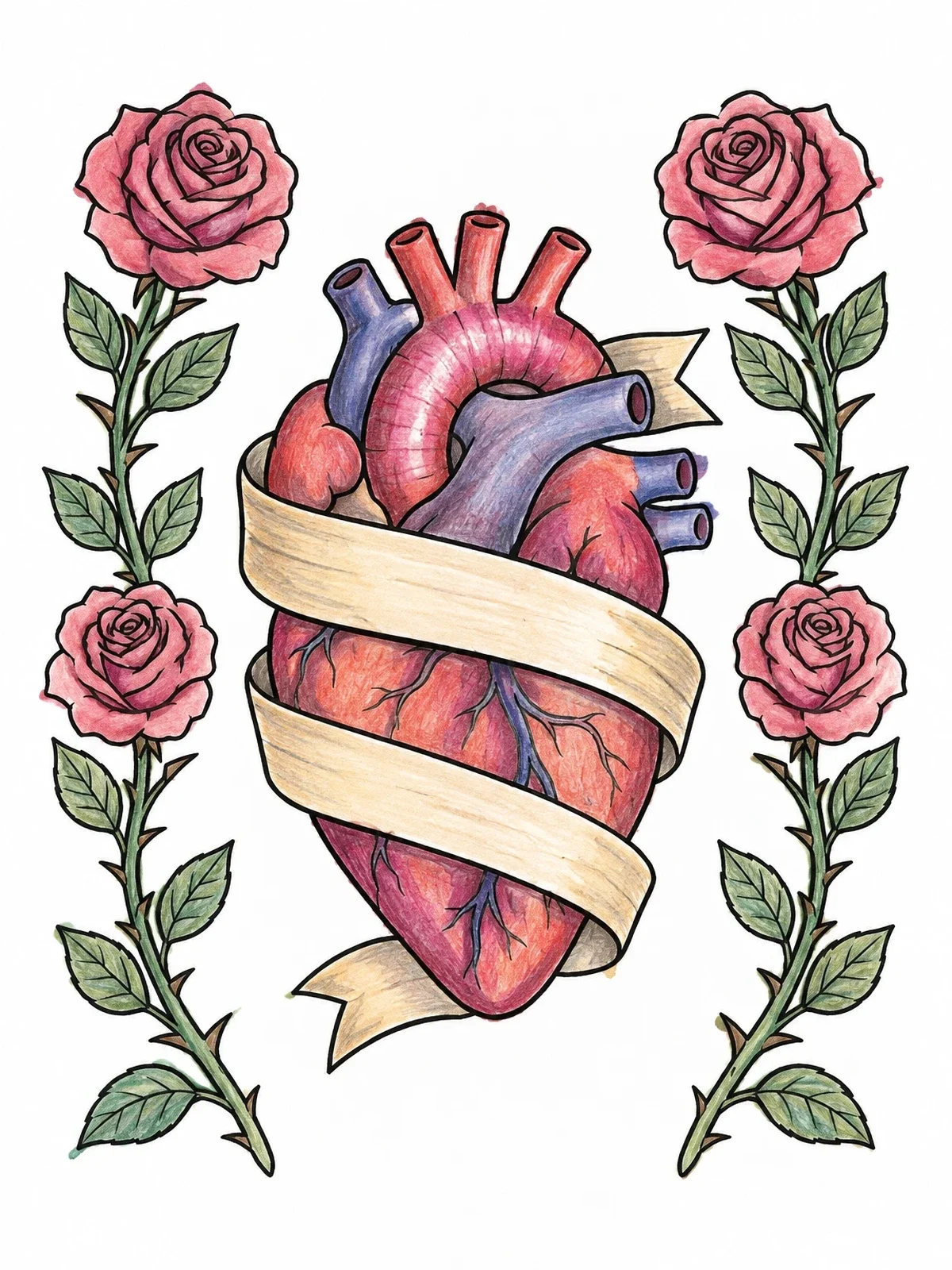 Colored example of the Anatomical Heart Wrapped In Ribbon With Roses coloring page