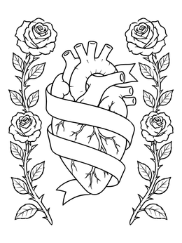 Free printable Anatomical Heart Wrapped In Ribbon With Roses coloring page