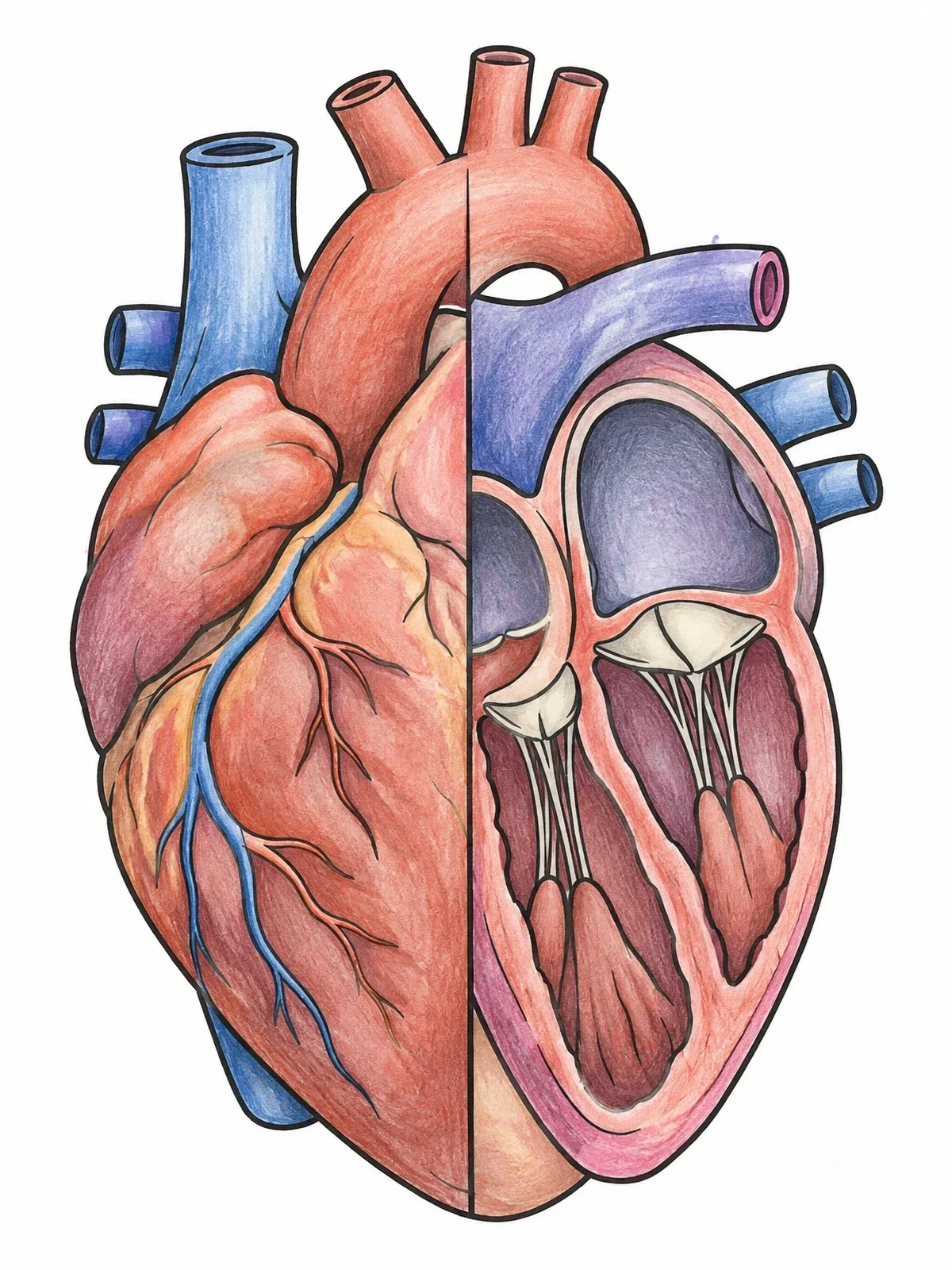 Colored example of the Anatomical Human Heart Split View coloring page