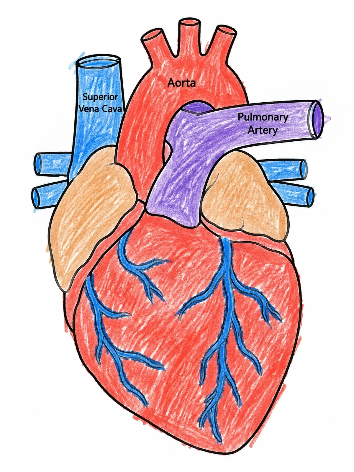 Colored example of the Anatomical Human Heart With Labels coloring page