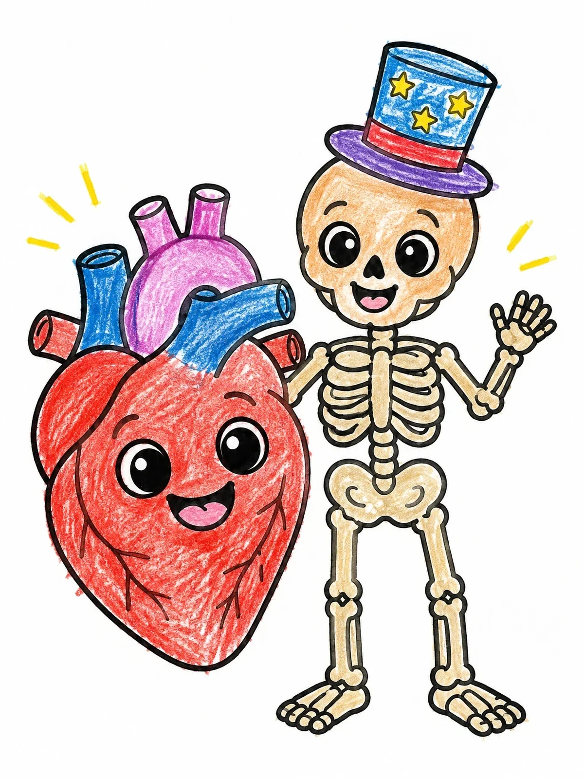 Colored example of the Friendly Skeleton With Smiling Heart coloring page