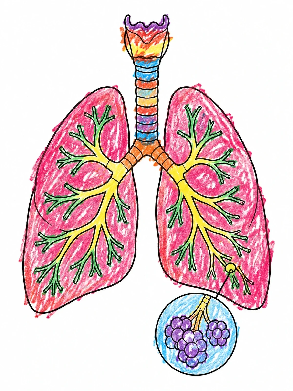 Colored example of the Human Respiratory System And Alveoli coloring page