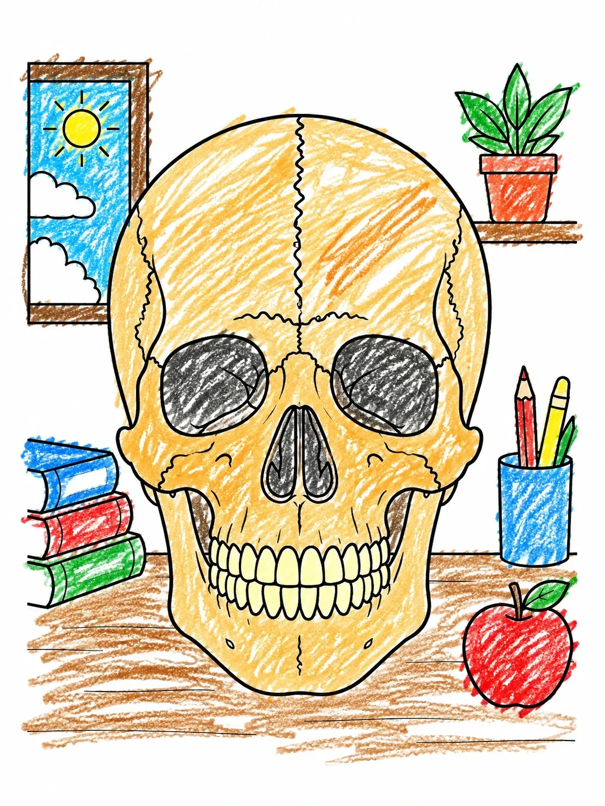 Colored example of the Human Skull On Study Desk coloring page